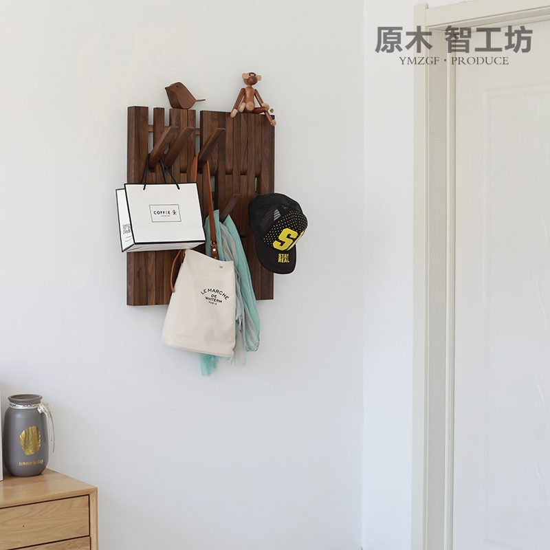 原木智工坊 墙上置物架墙壁衣帽架壁挂隔板黑胡桃挂衣架木条客厅
