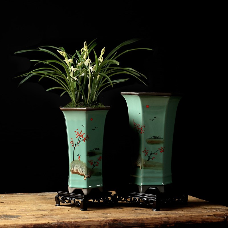 哥窑青瓷兰花专用花盆陶瓷紫砂中国风高款2021新款室内盆景造景盆