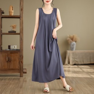 背心裙过膝长裙 圆领宽松显瘦大码 新款 绵绸吊带连衣裙女夏简约无袖