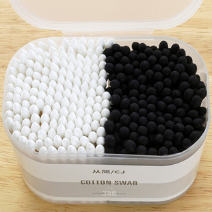 挖耳勺棉签盒装 纸轴粘掏耳朵神器黑色螺旋双头细圆尖头化妆棉花棒