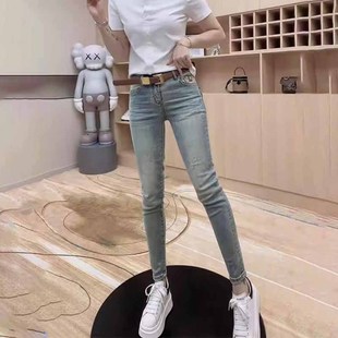 梨型身材淺藍色高腰小腳牛仔褲 大碼 彈力緊身鉛筆九分褲 女2024夏季