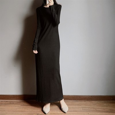 黑色直筒打底内搭连衣裙女秋冬螺纹针织长裙超长款及踝复古黑裙子