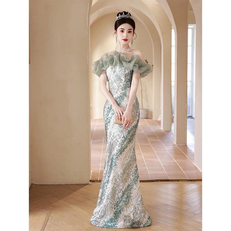 法式高端鱼尾裙名媛宴会气质晚礼服裙女亮片高级感长款性感主持人