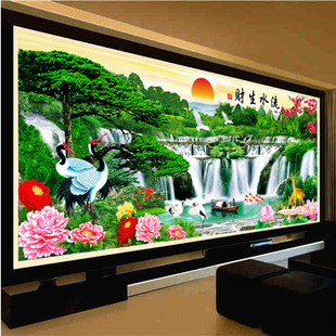 满绣迎客松旭日东升九鱼图流水生财机绣十字绣成品客厅大幅手工绣