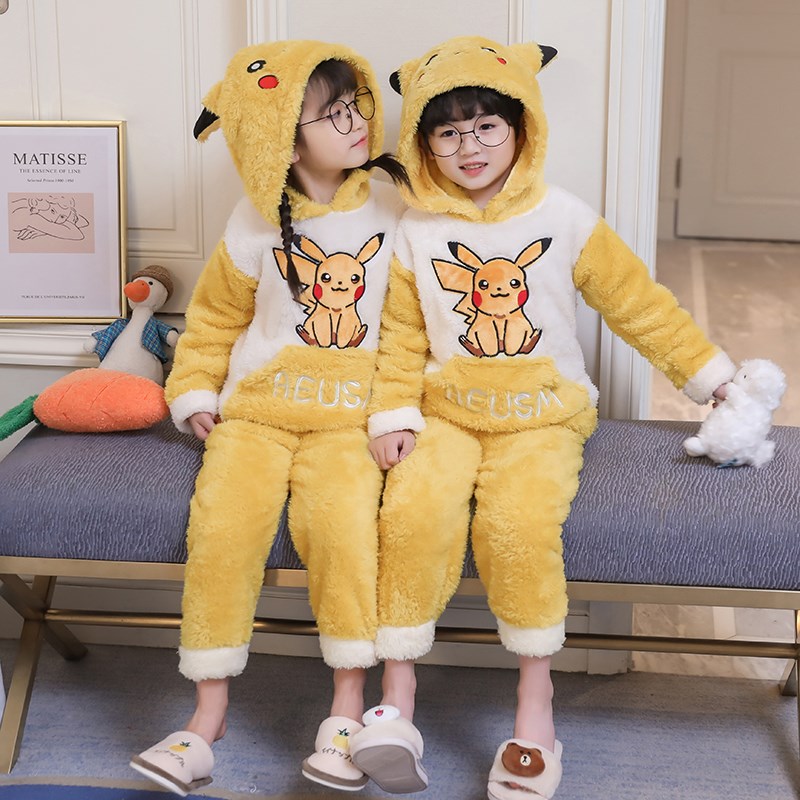 秋冬季长毛绒儿童睡衣女加厚珊瑚绒保暖男童宝宝家居服连帽法兰绒