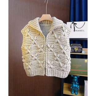 加厚纯手工编织粗棒针织毛衣马甲背心女秋冬外搭无袖 马夹 拉链开衫