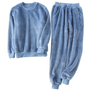 情侣法兰绒睡衣女冬加厚加绒保暖束脚收口珊瑚绒套头家居服套装男