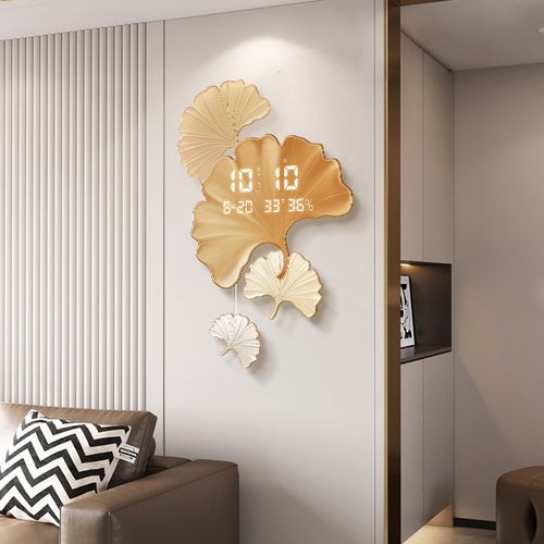 奶油风客厅挂钟银杏叶装饰画2025新款万年历钟表挂墙创意摇摆时钟