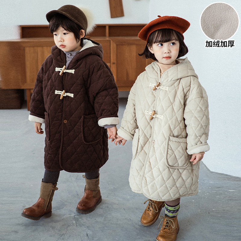 儿童棉衣加绒中长款灯芯绒男童棉服女童加厚2021冬装新款宝宝外套