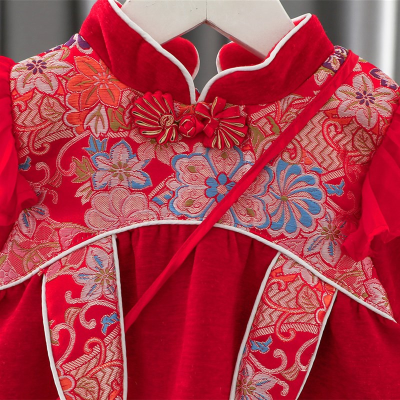 女童旗袍连衣裙秋冬2024新款洋气中国风抓周宴裙子女宝宝周岁礼服