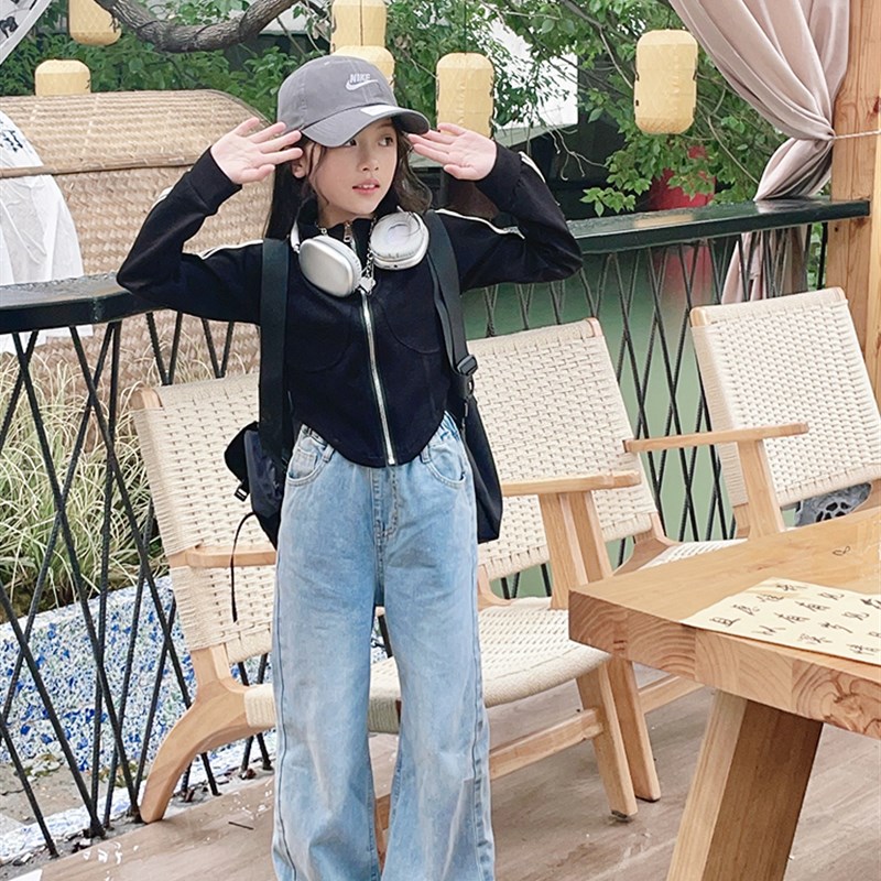 小梦韩女童高腰阔腿裤牛仔裤春秋装儿童直筒裤长裤子垂坠感休闲裤