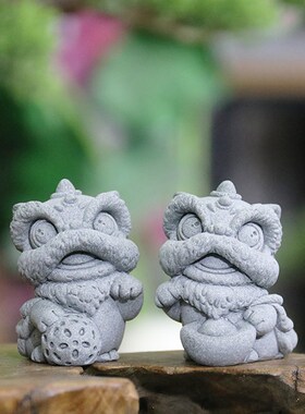 仿青石国潮风醒狮装饰摆件茶室茶桌茶宠舞狮头伴手礼摆设创意礼品