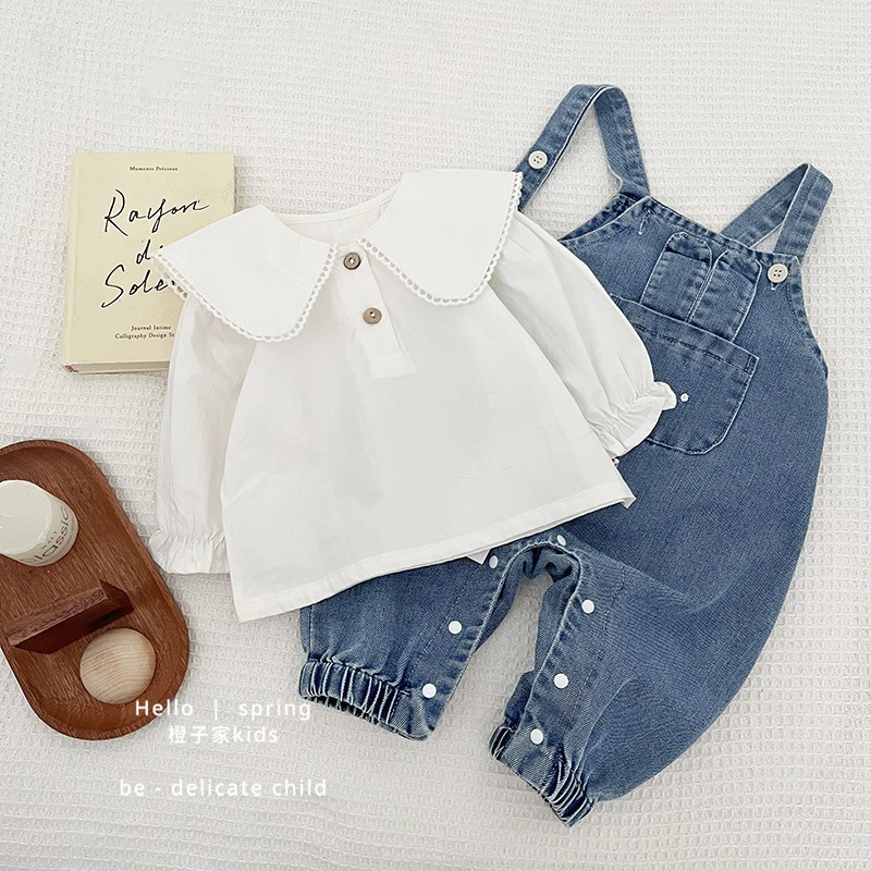 女童春秋装时尚牛仔背带裤宝宝宽松可调节裤子婴儿休闲百搭连体裤