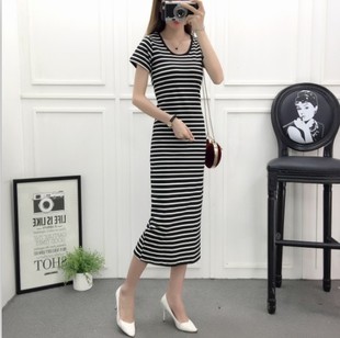 宽松休闲气质显瘦中长款 新款 后开叉长裙 2020夏装 条纹连衣裙女短袖