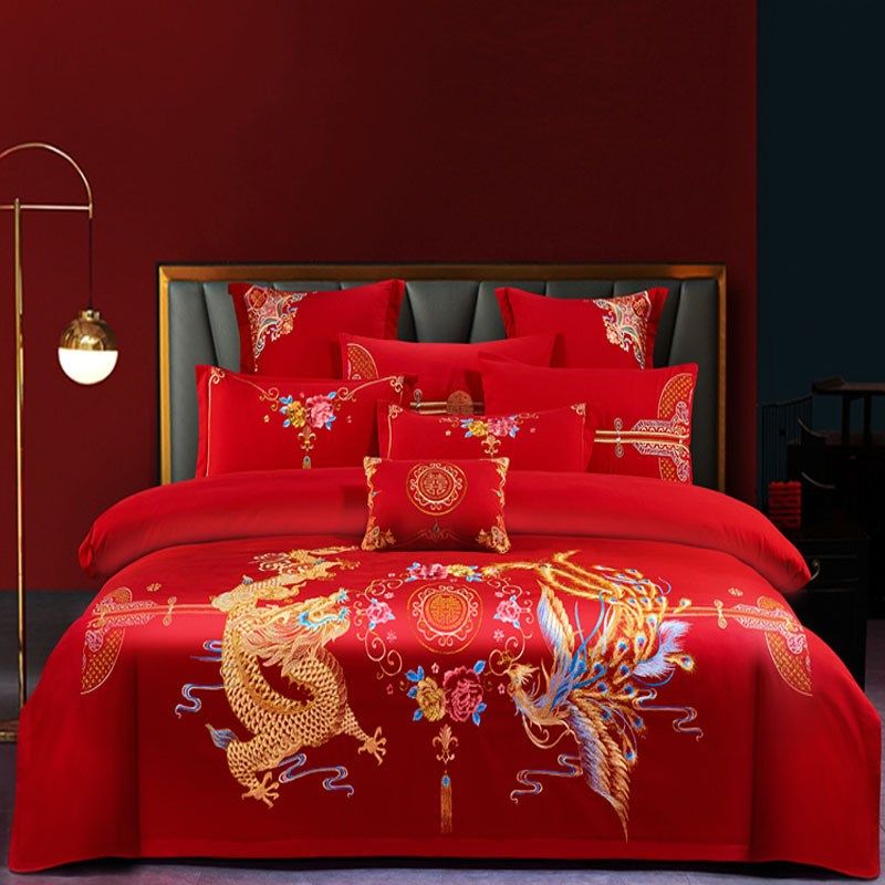 新婚庆四件套大红色龙凤刺绣陪嫁结婚喜被子婚礼婚房绣花床上用品,床上用品,婚庆床品套件,淘宝优惠券,粉丝福利购,淘宝优惠卷