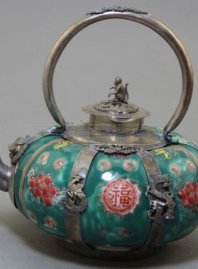古玩工艺品厂家现货收藏摆饰复古做旧绿色瓷包银酒壶摆件