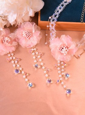 超仙项链水晶串珠复古中国风花朵锁骨链汉服配饰超仙小众娟纱耳环