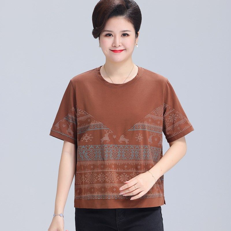 胖妈妈夏装小衫纯棉短袖t恤女z中老年加肥加大码宽松时尚短款上衣