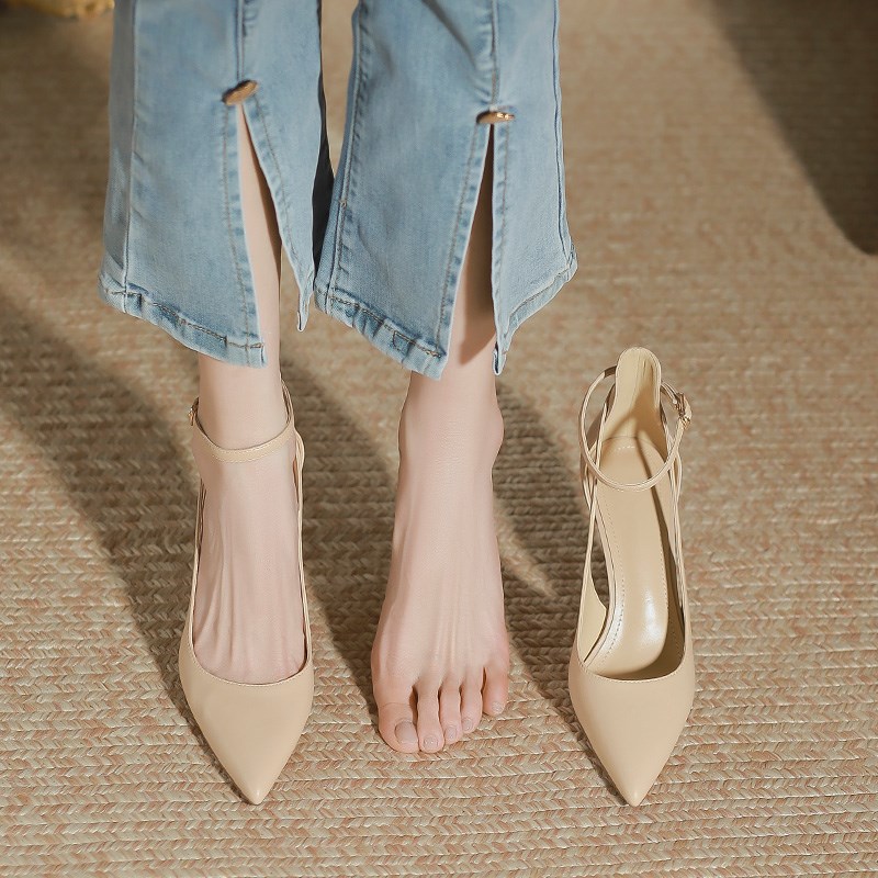 裸色高跟鞋女细跟2024t夏新款一字扣绑带单鞋尖头包头羊皮气质凉