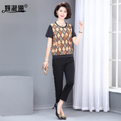 子两i件套短袖 新款 洋气高档时尚 妈妈上衣裤 中老年女真冰丝夏季 套