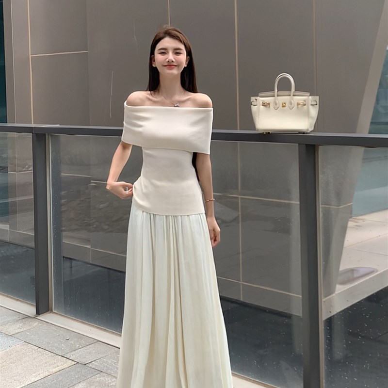 一字肩针织短袖上衣女q纯欲小众多穿法抹胸气质修身百搭露肩T恤夏