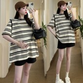 孕妇装 I宽松200斤T恤短裤 套装 条纹短袖 大码 上衣时尚 夏季 薄款 两件