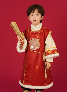 汉服男童冬装宝宝加厚明制t长袍小男孩喜庆龙年拜年服新年唐装年