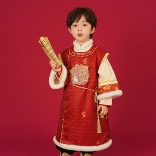 汉服男童冬装宝宝加厚明制t长袍小男孩喜庆龙年拜年服新年唐装年