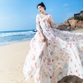 大裙摆气质白色长裙 2024新款 城南花开 雪纺印花连衣裙女春夏季