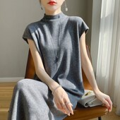 针织连衣裙宽松内搭打Y底衫 秋冬中长款 半高领毛衣女纯色短袖 针织