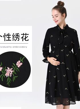 孕妇装秋装新款孕妇连衣裙女黑色时尚长袖商务秋季孕期雪纺长裙潮