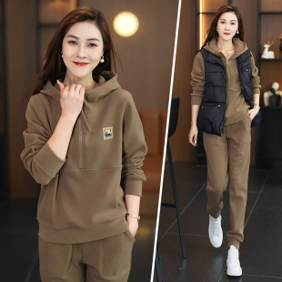运动服套装女秋冬加绒加厚2v023新款洋派羽绒马甲卫衣休闲两三件