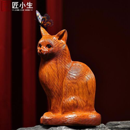 木雕摆件小猫咪实木质雕刻可爱动物家居客L厅办公书桌女友工艺礼