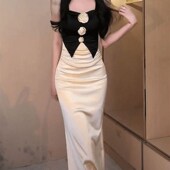 大码 mm设计感撞色拼接吊带连衣裙女夏季 高级P感气质百搭包臀长裙