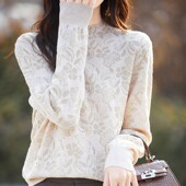 早春半高领精纺羊毛衫 女r亮丝提花长袖 针织毛衣气质蕾丝钩花打底