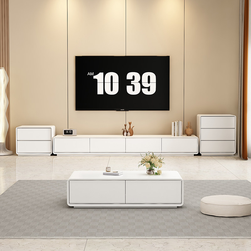 简约现代电视柜茶几二三斗柜边柜组合奶油风白色客厅实木烤漆地柜