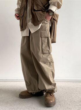春秋季日系复古宽松阔腿工装大口袋长裤男女生百搭束脚休闲裤子