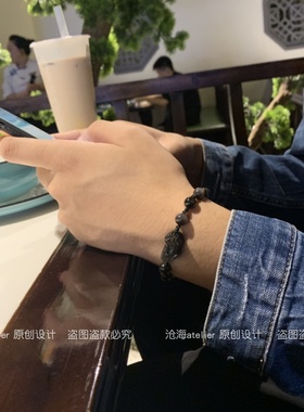 吞金兽多财貔貅 天然银曜石金曜石雕刻貔貅男士编绳手链生日礼物