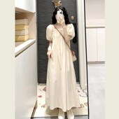 宽松显瘦泡泡袖 法式 高级感褶皱弹力方领连衣裙女夏季 休.闲a字长裙