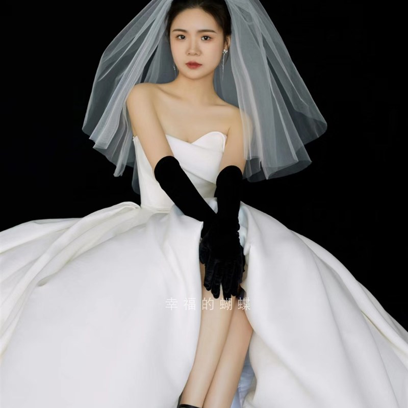 2023新款头纱新娘短款蓬蓬头纱多层硬纱领M证登记旅拍婚纱结婚头