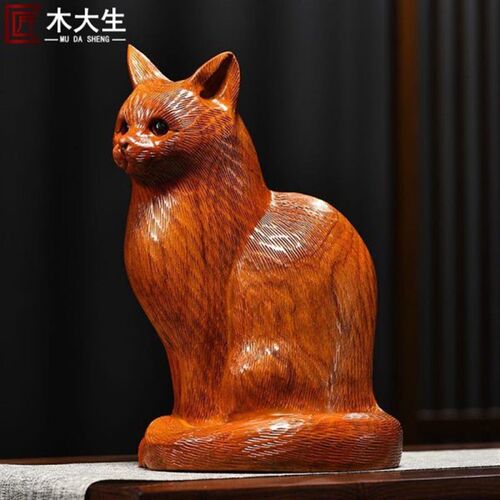 木雕摆件小猫咪实木质p雕刻家居客厅装饰玄关书架办公司工艺礼品