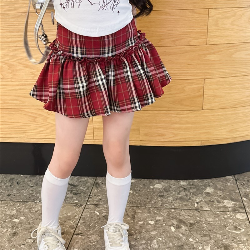 梨几 2024夏季新款女童半身裙儿童洋气不规R则格子百褶女宝短裙