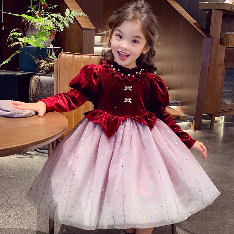女童公主裙冬装2024新款法式儿童泡泡袖丝绒裙女孩加绒网纱连衣裙