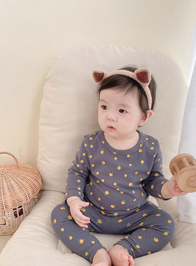 韩版春秋婴儿超洋气纯棉家居服长袖上衣裤子宝宝高腰护肚两件套装