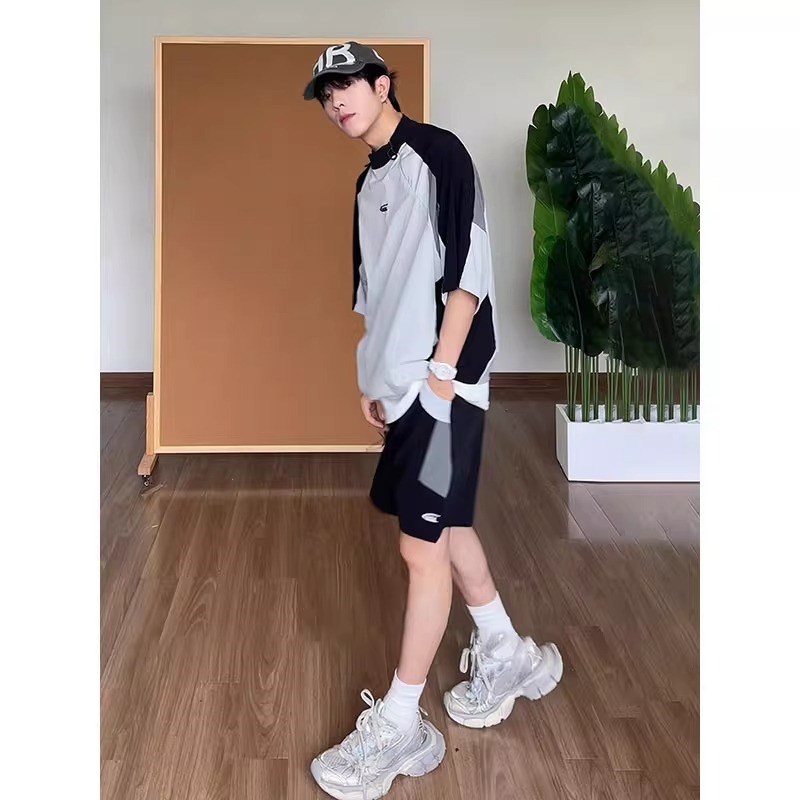 大码300斤美式机能风短袖短裤男女夏季爬山穿搭户外运动速干套装