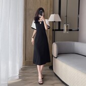 2025夏装 显瘦中长开叉休闲 撞色连衣裙女高级感气质修身 新款 k短袖