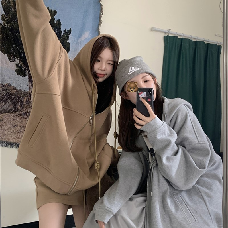 胖妹妹灰色长袖连帽外套女卫衣套装秋季高腰N半身包臀裙短裙两件