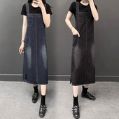 2021秋裙新款 加大码 减龄百搭背带牛仔长裙宽O松吊带连衣裙a字潮裙