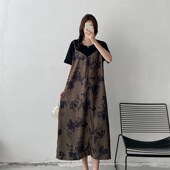 山茶荟拼接假两件吊带短袖 连衣裙 胖mm大码 T恤长y裙女2024夏季 新款