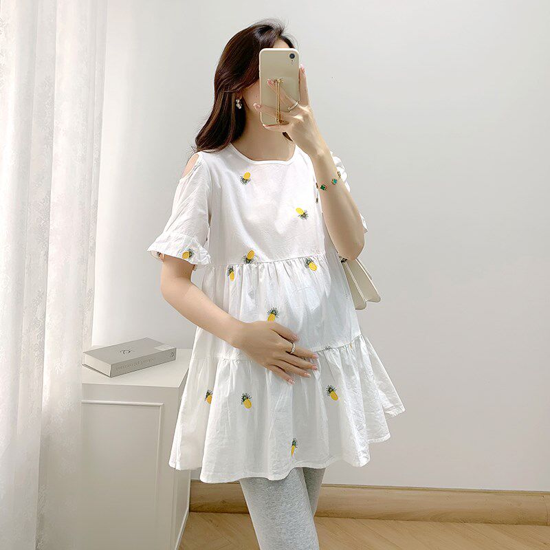 孕妇衬衣裙短袖i纯棉中长款上衣时尚大码宽松圆领刺绣百搭女连衣